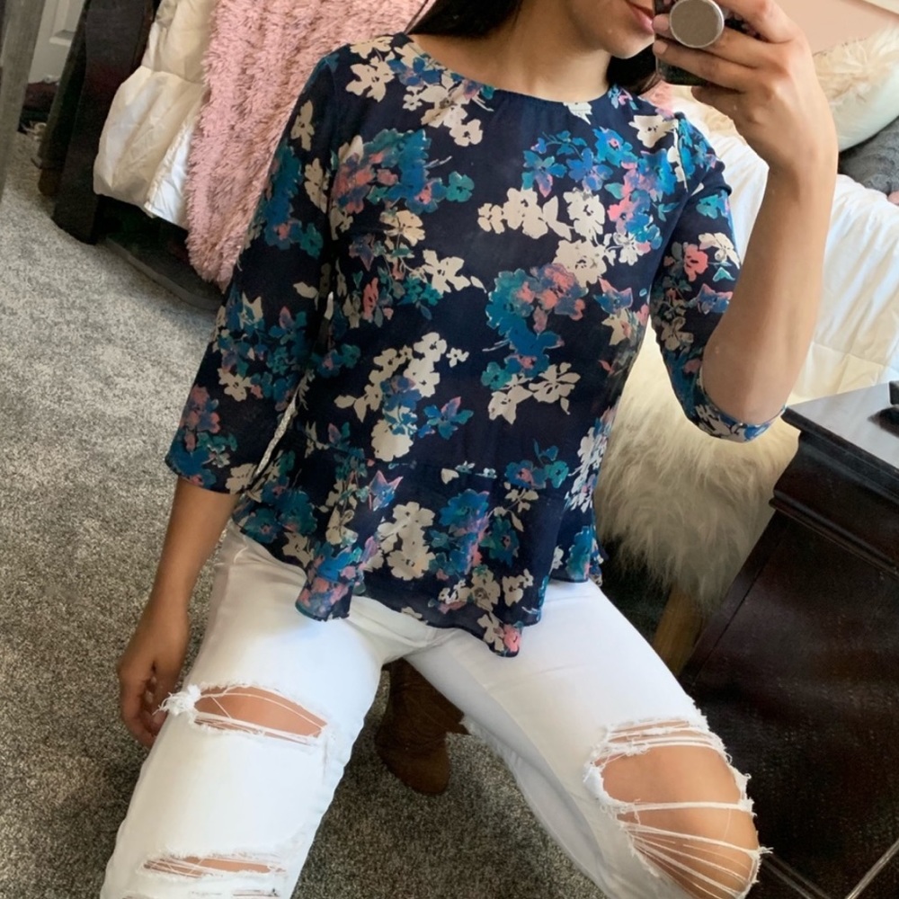 NWT - {Everly} Navy Floral Ruffle Tier Blouse Top